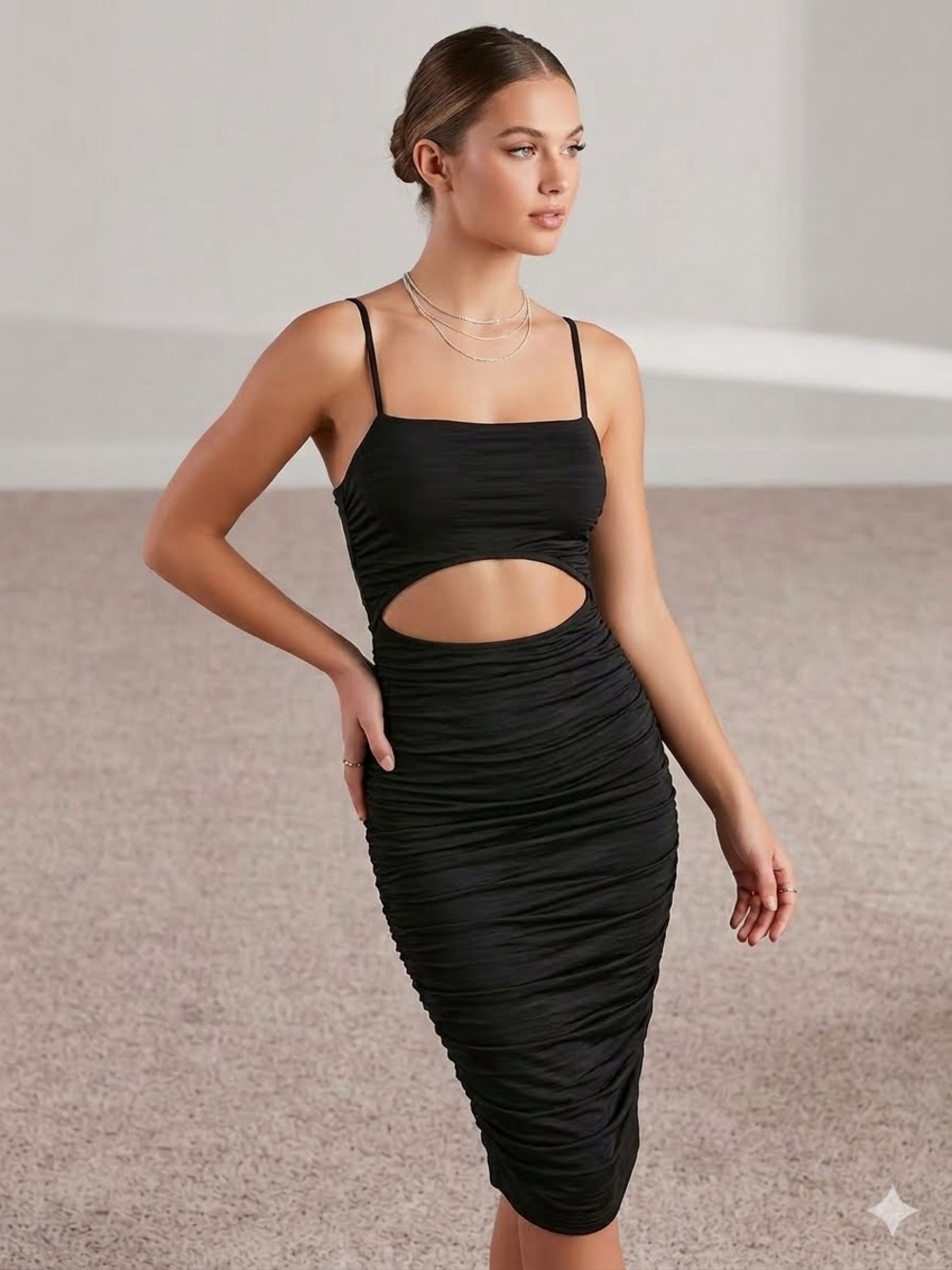 NWT Windsor Black Cutout Ruched Midi Dress